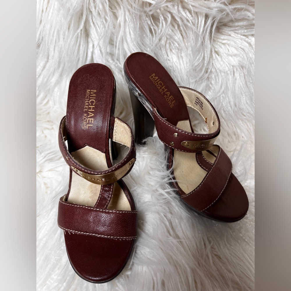 Michael Kors Plate Slide Madras Brown Leather Heeled Sandals